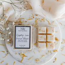 Load image into Gallery viewer, EGYPTIAN LINEN &amp; MIMOSA BLOSSOM | Preserved Calendula &amp; Citrine Crystal Infused Wax Melts
