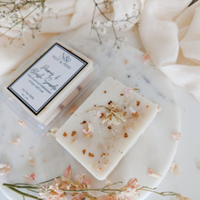 Load image into Gallery viewer, PEONY &amp; BLUSH SUEDE | Preserved Pink Delphiniums &amp; 24k Gold Leaf Infused Wax Melts
