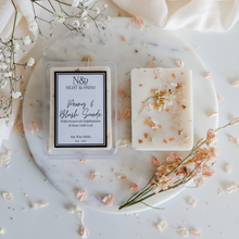 Load image into Gallery viewer, PEONY &amp; BLUSH SUEDE | Preserved Pink Delphiniums &amp; 24k Gold Leaf Infused Wax Melts
