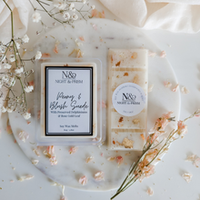 Load image into Gallery viewer, PEONY &amp; BLUSH SUEDE | Preserved Pink Delphiniums &amp; 24k Gold Leaf Infused Wax Melts
